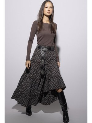 Fırfırlı Volanlı Ekose Etek Kahve