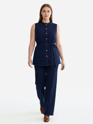 Koyu Lacivert Denim Cep Detaylı Yelek & Pantolon Büyük Beden Takım