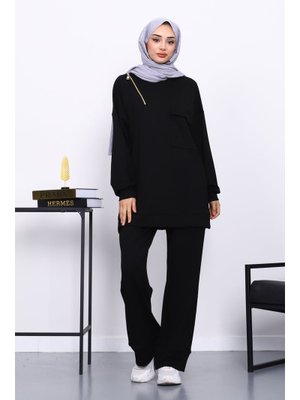 Siyah Tek Cepli Tunik Pantolonlu Modal Takım