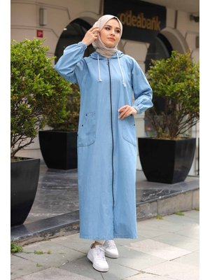 Cepli Omuzdan Taş Detaylı Kapüşonlu Kot Kap