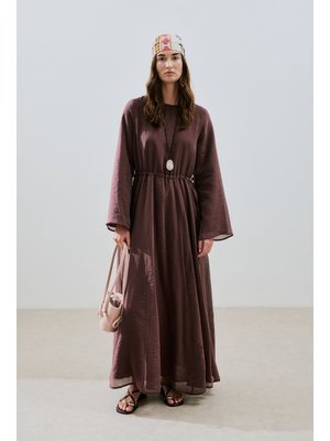 Bordo Beli Ayarlamalı Uzun Elbise