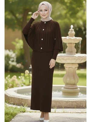 Kahverengi Bolerolu Triko Elbise