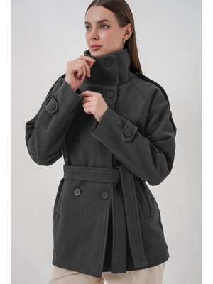 Antrasit Kuşaklı Kaşe Kaban