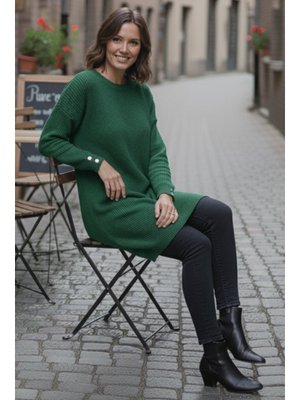 Zümrüt Yeşili Kolu Düğmeli Triko Kazak