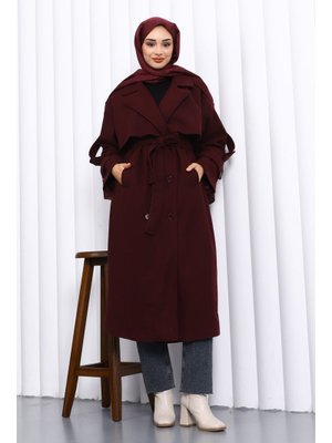 Mürdüm Kravuze Yaka Astarlı Kaşe Kaban