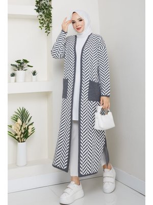 Zebra Desenli Çelik Örgü Cepli Triko Hırka