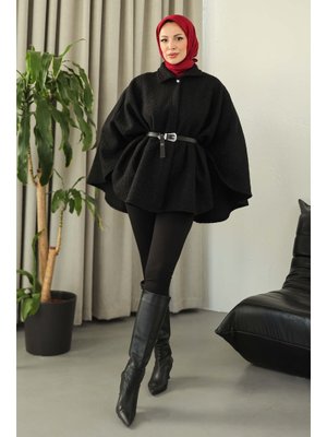 Sıyah Siyah Kemerli Buklet Panço