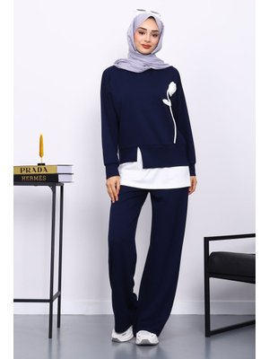 Lacivert Bisiklet Yaka Gül Detaylı Tunik Pantolonlu Modal Takım