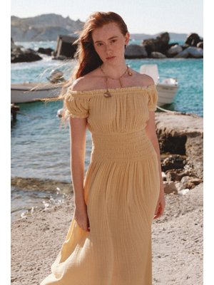 Sarı Müslin Büzgülü Elbise