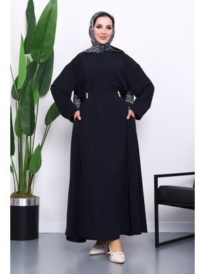 Lacivert Bel Bağlamalı Piliseli Elbise