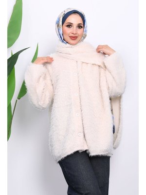 Ekru Atkılı Detaylı Düğmeli Angora Ceket