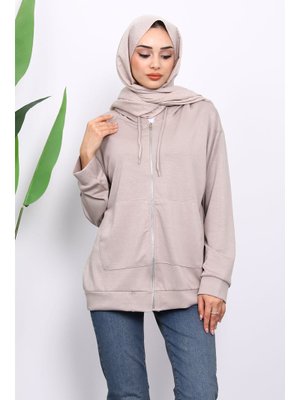 Taş Kapüşonlu Fermuarlı Modal Sweat Hırka