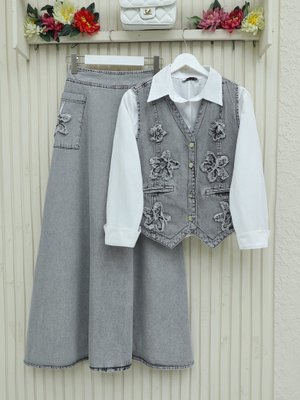 Gri Desenli Beli Lastikli Yelek Etek Kot Takım