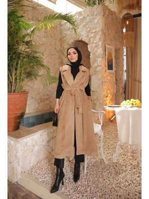 Bisküvi Belden Bağcıklı Kolsuz Uzun Kürk Yelek