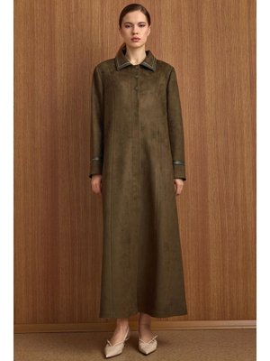 Gömlek Yaka Deri Ve İşleme Detaylı Süet Görünümlü Büyük Beden Pardesü K.haki