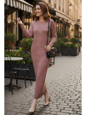 Gül Kurusu Desenli Uzun Triko Elbise