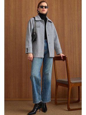 Açık Gri Gömlek Yaka Kuşak Detaylı Oversize Kısa Kaban