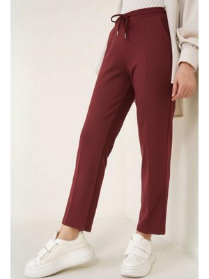 Bordo İp Detaylı Beli Lastikli Bilekte Pantolon