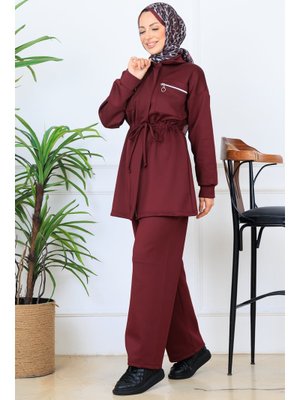 Bordo Beli Büzgülü Fermuarlı Scuba Takım