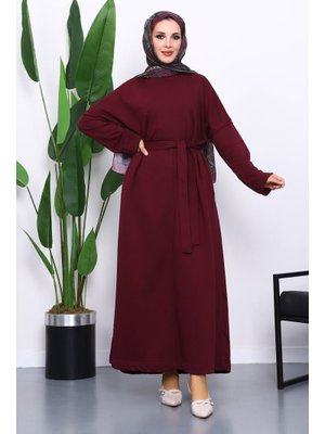 Mürdüm Kuşaklı Üç İplik Elbise