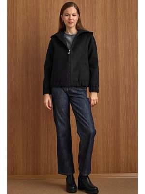 Siyah Kapüşonlu Beli Lastikli Oversize Kısa Kaban