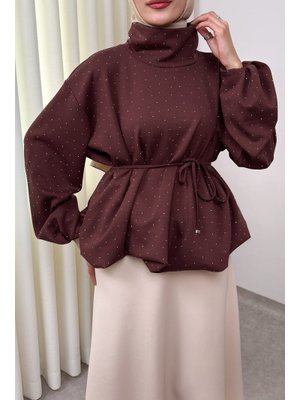 Koyu Kahverengi Taş Detaylı Salaş Swit Bluz