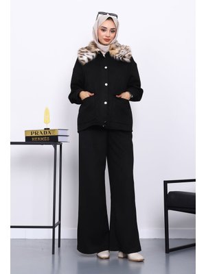 Siyah Yaka Kürklü Süet Ceket Pantolonlu Takım