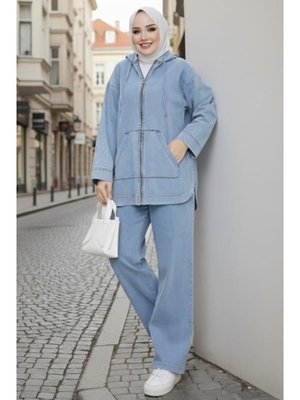 Kapüşonlu Cepli Kot Mavi Tunik Pantolon Takım