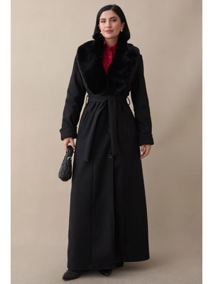 Yakası Kürklü Astarlı Kuşaklı Siyah Kaşe Kaban