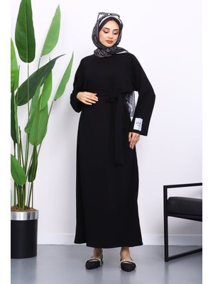 Siyah Kolu Armalı Reglan Kol Basic Modal Kuşaklı Elbise