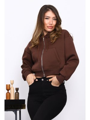 Kahverengi Kısa Kanguru Cepli Fermuarlı Üç İplik Sweat Hırka