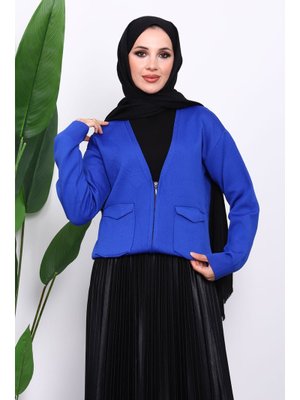 Saks Mavi Çift Cepli Fermuarlı Triko Hırka