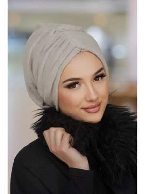 Taş Rengi Kışlık Büzgülü Bone