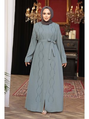 Boncuk İşlemeli Mint Abaya 29117mınt