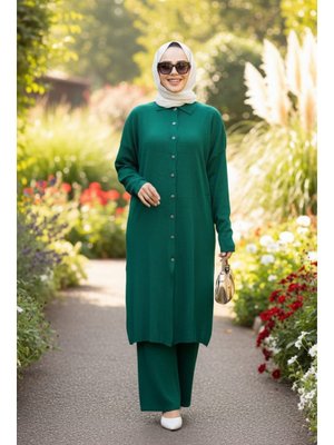 Yakalı Zümrüt Yeşili Triko İkili Takım 34181zy