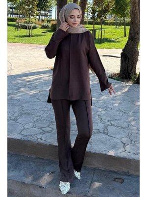 Kahverengi Dikiş Detaylı İkili Takım