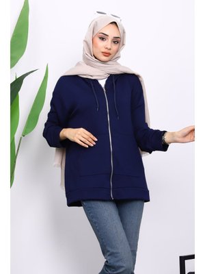 Lacivert Kapüşonlu Fermuarlı Modal Sweat Hırka