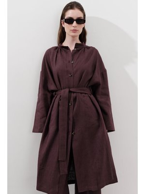 Mürdüm Keten Kemerli Uzun Tunik