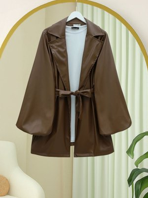 Taba Balon Kol Kemerli Deri Ceket