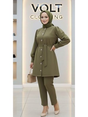 Haki Metal Düğmeli Scuba Pantolonlu İkili Takım