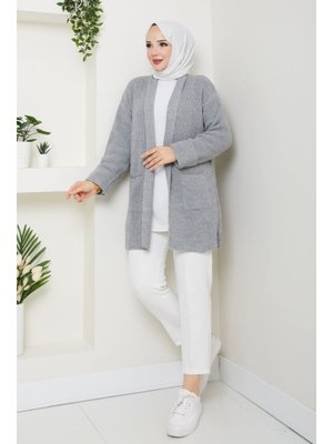 Kol Ağzı Katlamalı Cepli Midi Boy Hırka