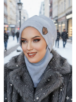 Açık Gri Armalı Maskeli Bere