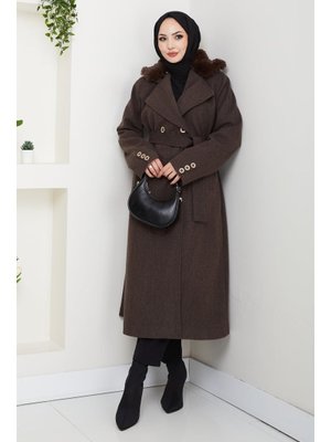 Kürk Detaylı Kruvaze Yaka Kuşaklı Kaşe Kaban