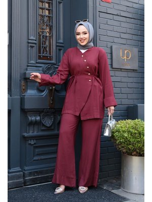 Düğme Detaylı Bordo İkili Takım 19029br