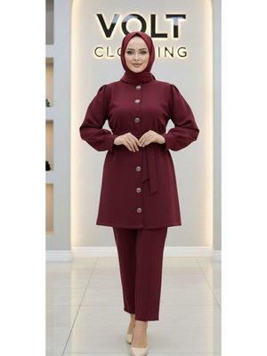 Bordo Metal Düğmeli Scuba Pantolonlu İkili Takım