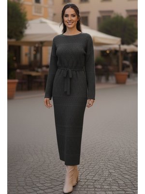 Antrasit Baklava Desenli Fileli Triko Elbise