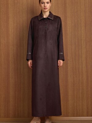 Gömlek Yaka Deri Ve İşleme Detaylı Süet Görünümlü Büyük Beden Pardesü K. Kahve