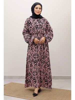 Pembe Beli Lastikli Yarasa Kol Viskon Elbise