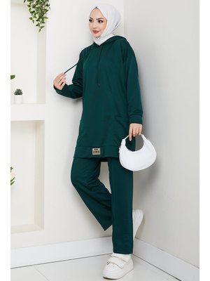 Zümrüt Yeşili Çift Cepli Kapüşonlu İkili Takım
