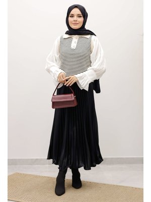 Bej Çizgili Triko Süveter